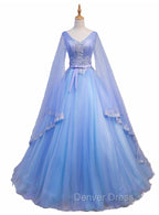 Blue V Neckline Prom Dress with Long Sleeves, Lace Applique Prom Dresses For Teen