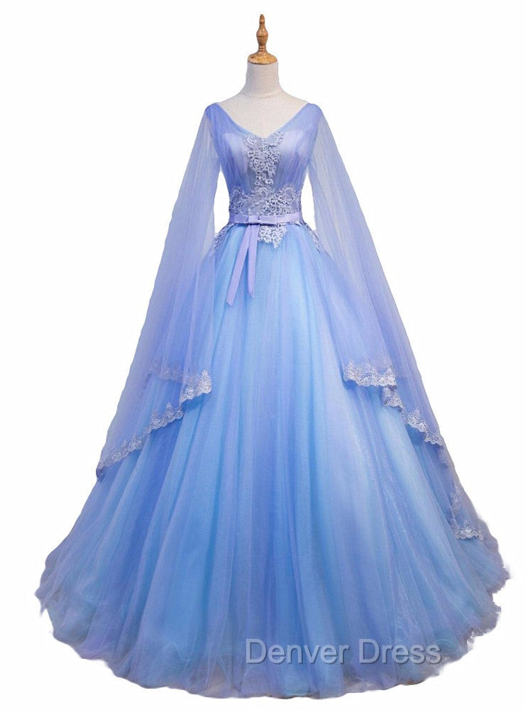 Blue V Neckline Prom Dress with Long Sleeves, Lace Applique Prom Dresses For Teen