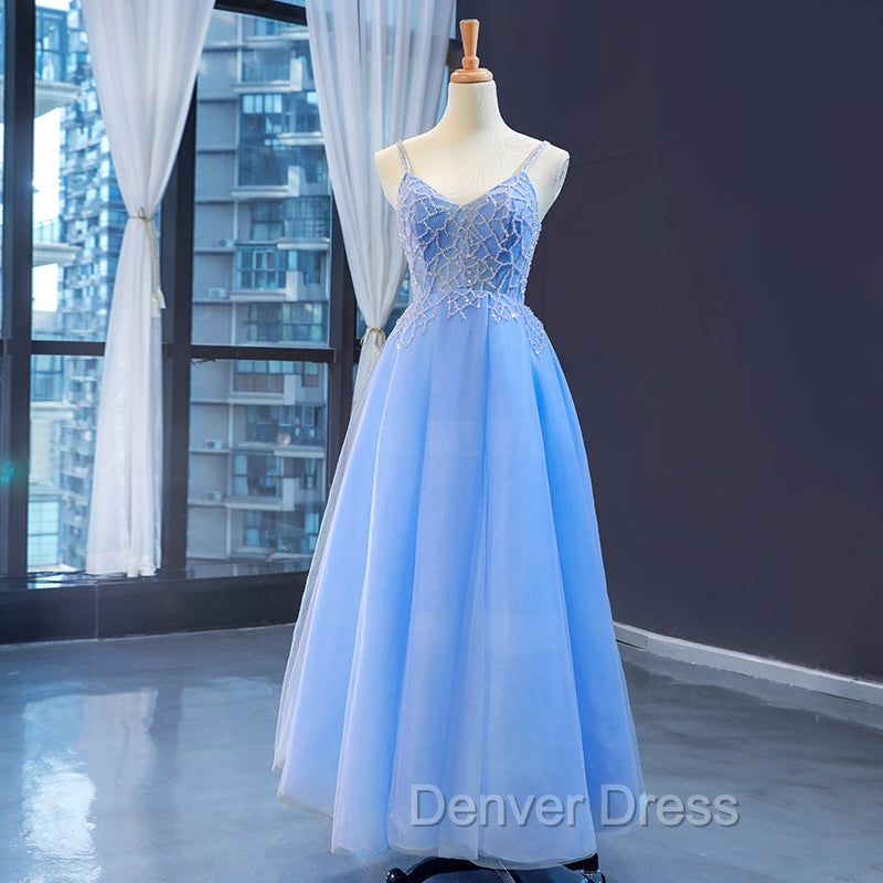 Blue V-neckline Tulle Beaded Long Straps Beaded Dresses, Blue Fashionable Formal Dresses Prom Dresses