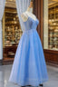 Blue V-neckline Tulle Beaded Long Straps Beaded Dresses, Blue Fashionable Formal Dresses Prom Dresses