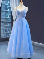 Blue V Neckline Tulle Beaded Long Straps Beaded Dress, Blue Fashionable Prom Dress