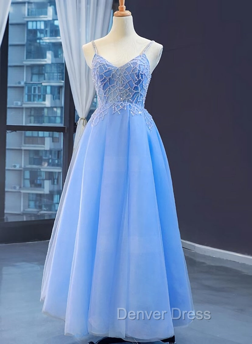 Blue V Neckline Tulle Beaded Long Straps Beaded Dress, Blue Fashionable Prom Dress