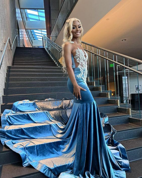 Blue Velvet Appliques Bead Meemaid Long Prom Dress