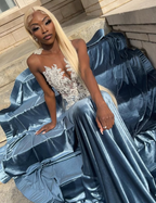 Blue Velvet Appliques Bead Meemaid Long Prom Dress