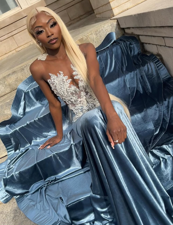 Blue Velvet Appliques Bead Meemaid Long Prom Dress