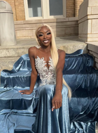 Blue Velvet Appliques Bead Meemaid Long Prom Dress