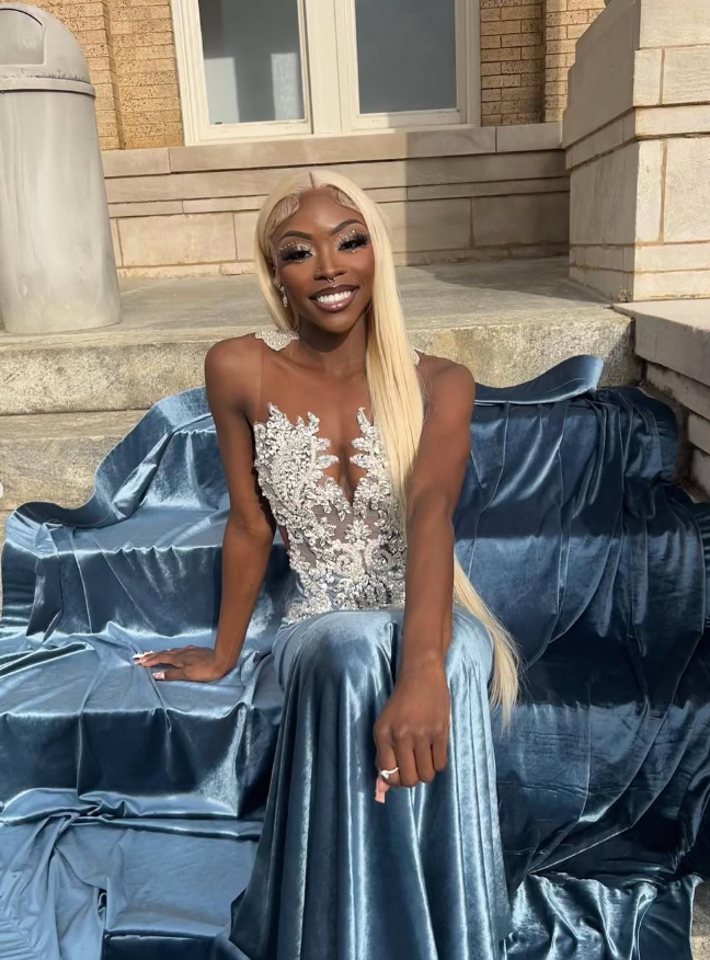 Blue Velvet Appliques Bead Meemaid Long Prom Dress