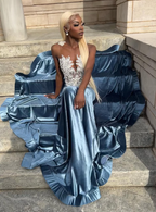 Blue Velvet Appliques Bead Meemaid Long Prom Dress
