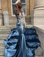 Blue Velvet Appliques Bead Meemaid Long Prom Dress