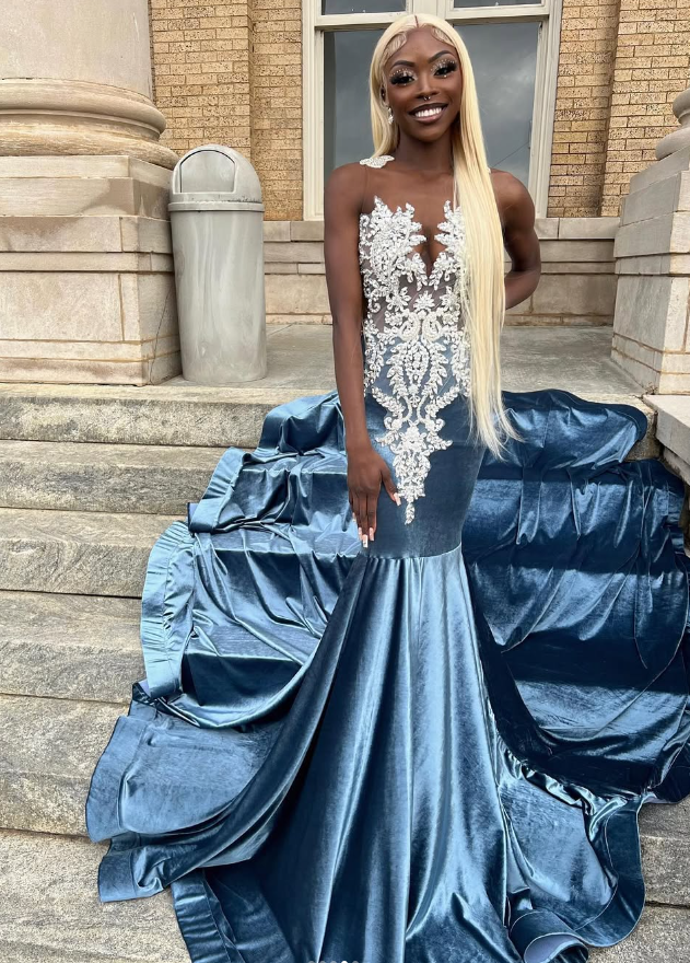 Blue Velvet Appliques Bead Meemaid Long Prom Dress
