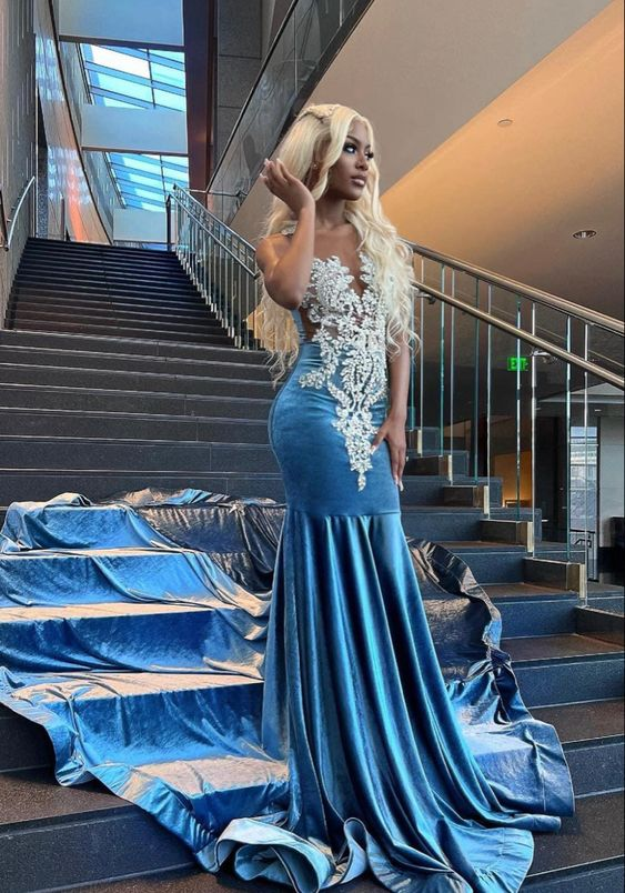 Blue Velvet Appliques Bead Meemaid Long Prom Dress