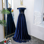 Blue Velvet Beaded Elegant Off Shoulder Evening Dresses, Blue Long Prom Dresses Party Dresses