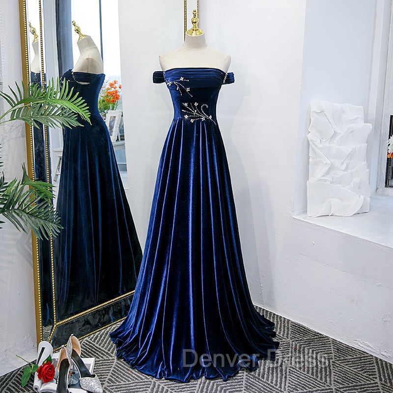 Blue Velvet Beaded Elegant Off Shoulder Prom Dress, Blue Long Prom Dress