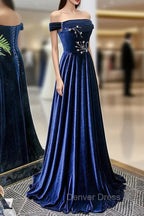 Blue Velvet Beaded Elegant Off Shoulder Prom Dress, Blue Long Prom Dress