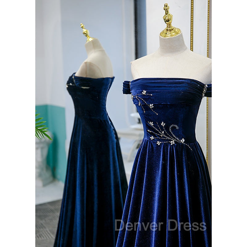 Blue Velvet Beaded Elegant Off Shoulder Evening Dresses, Blue Long Prom Dresses Party Dresses