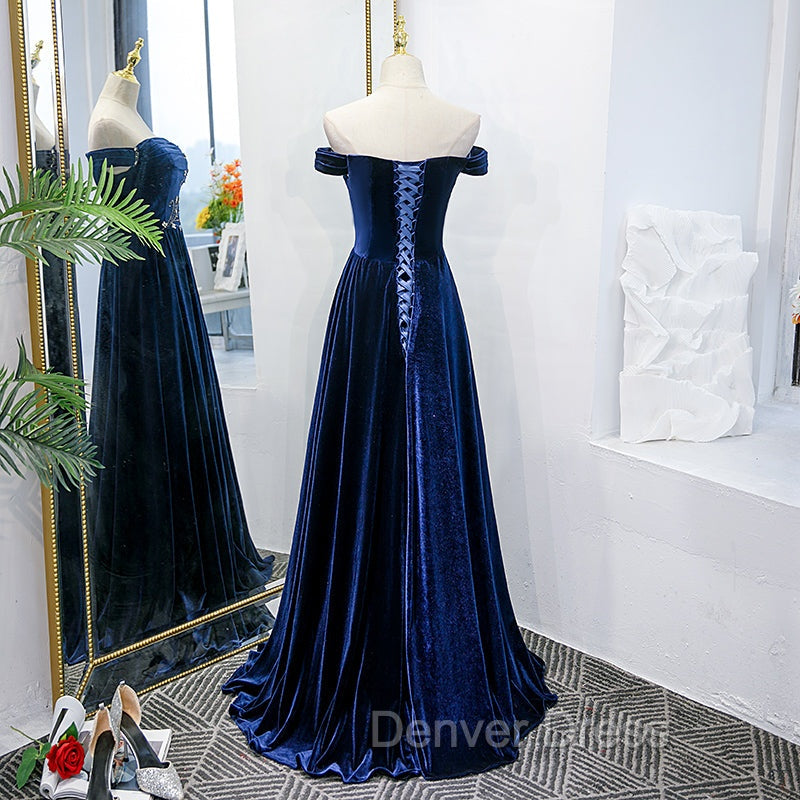 Blue Velvet Beaded Elegant Off Shoulder Evening Dresses, Blue Long Prom Dresses Party Dresses