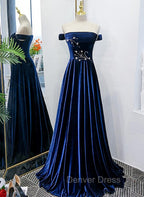 Blue Velvet Beaded Elegant Off Shoulder Evening Dresses, Blue Long Prom Dresses Party Dresses