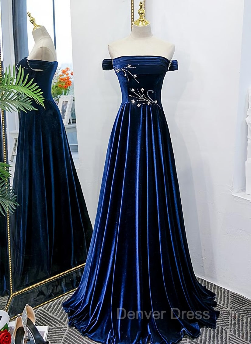 Blue Velvet Beaded Elegant Off Shoulder Evening Dresses, Blue Long Prom Dresses Party Dresses