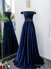 Blue Velvet Beaded Elegant Off Shoulder Evening Dress, Blue Long Prom Dress Party Dress