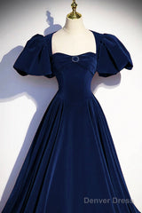 Blue Velvet Floor Length Prom Dress, Elegant Short Sleeve Evening Party Dress