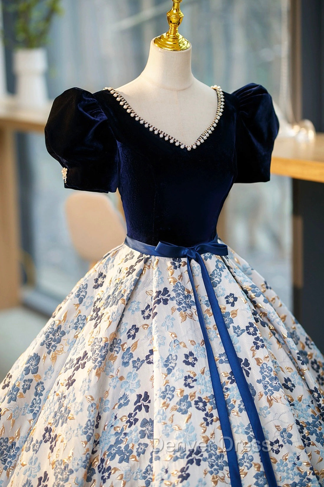 Blue Velvet Floor Length Prom Dress with Short Sleeve, Blue V Neck Prom Dresses
