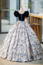 Blue Velvet Floor Length Prom Dress with Short Sleeve, Blue V Neck Prom Dresses