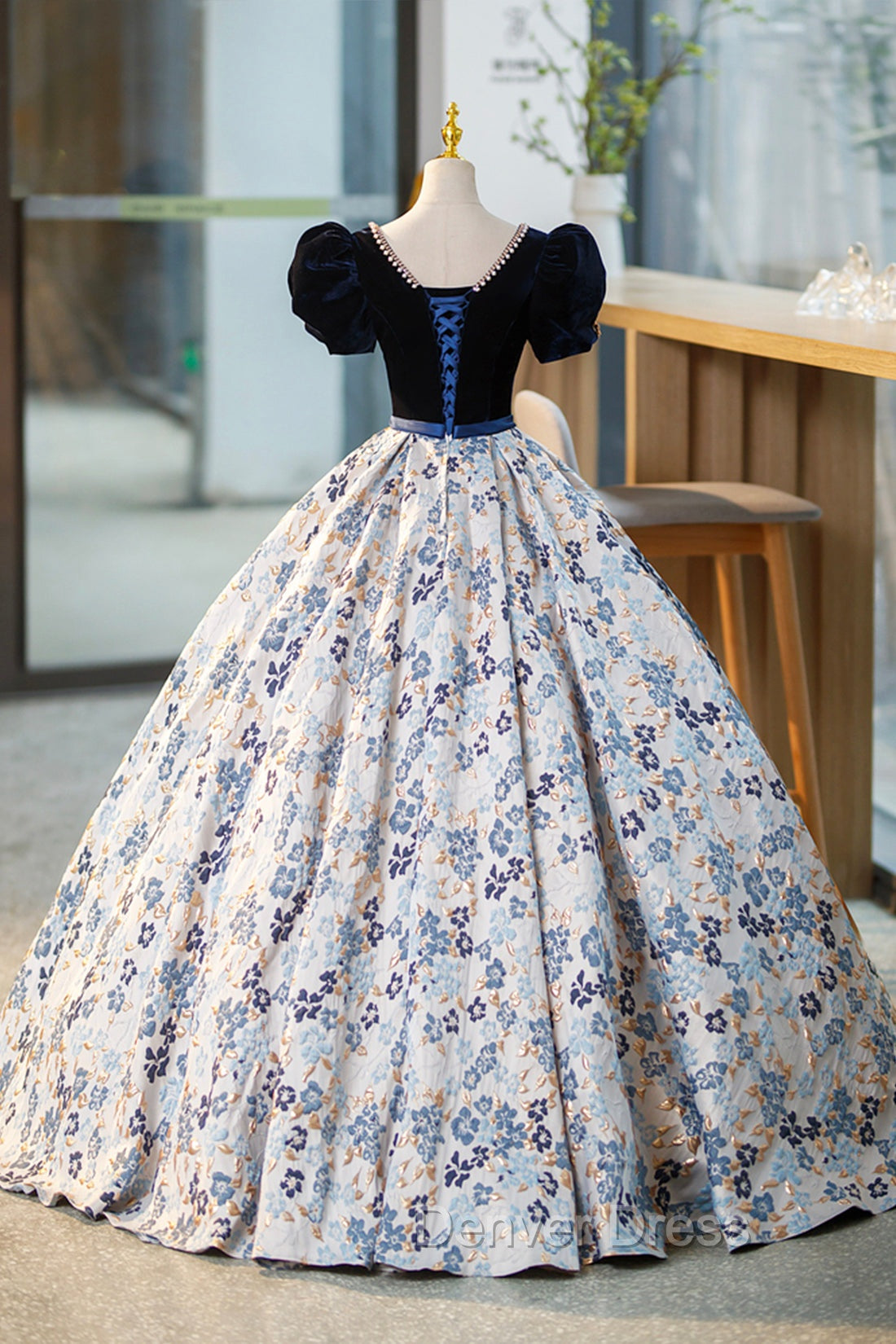 Blue Velvet Floor Length Prom Dress with Short Sleeve, Blue V Neck Prom Dresses