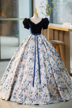 Blue Velvet Floor Length Prom Dress with Short Sleeve, Blue V Neck Prom Dresses