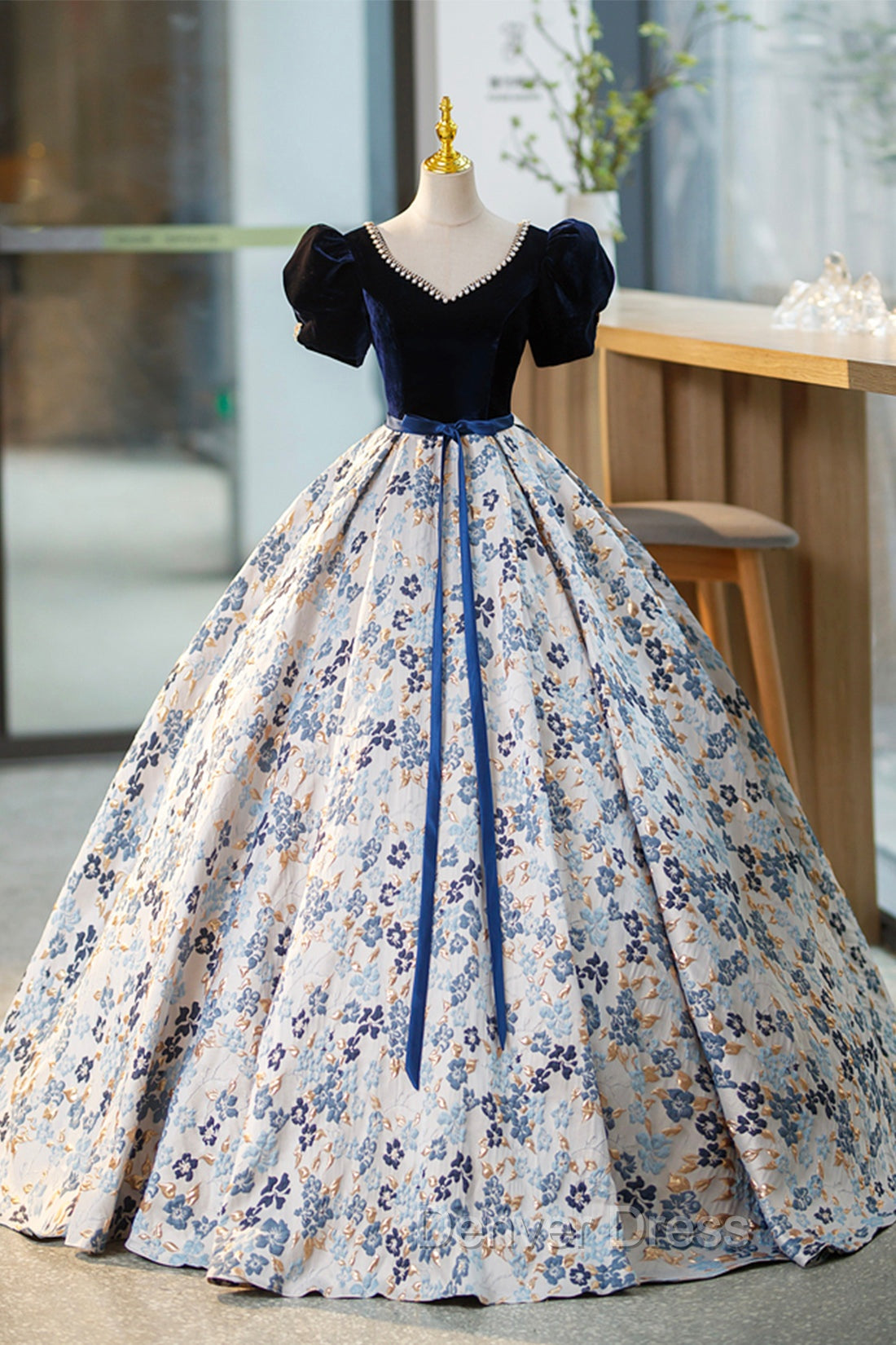 Blue Velvet Floor Length Prom Dress with Short Sleeve, Blue V Neck Prom Dresses
