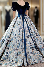 Blue Velvet Floral Long Ball Gowns, A Line Short Sleeve Prom Dresses