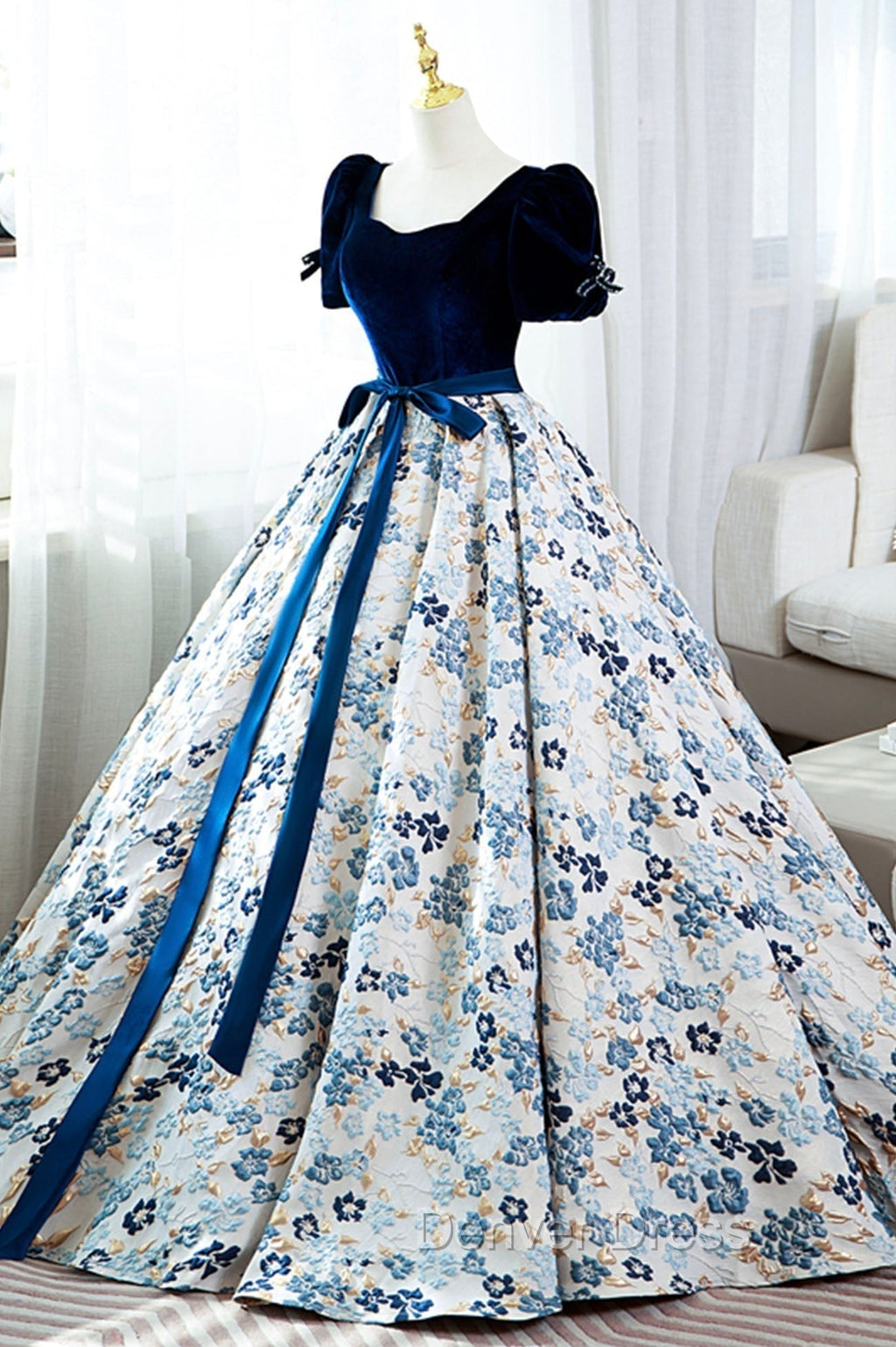 Blue Velvet Floral Long Ball Gowns, A Line Short Sleeve Prom Dresses