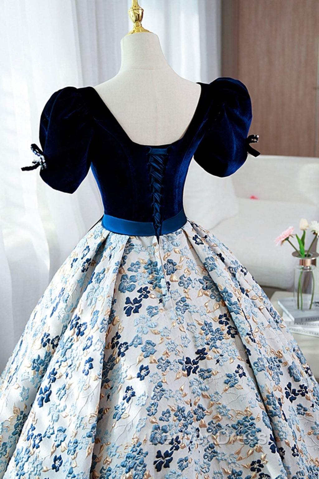 Blue Velvet Floral Long Ball Gowns, A Line Short Sleeve Prom Dresses
