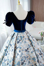 Blue Velvet Floral Long Ball Gown, A-Line Short Sleeve Formal Evening Dresses