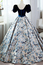 Blue Velvet Floral Long Ball Gown, A-Line Short Sleeve Formal Evening Dresses