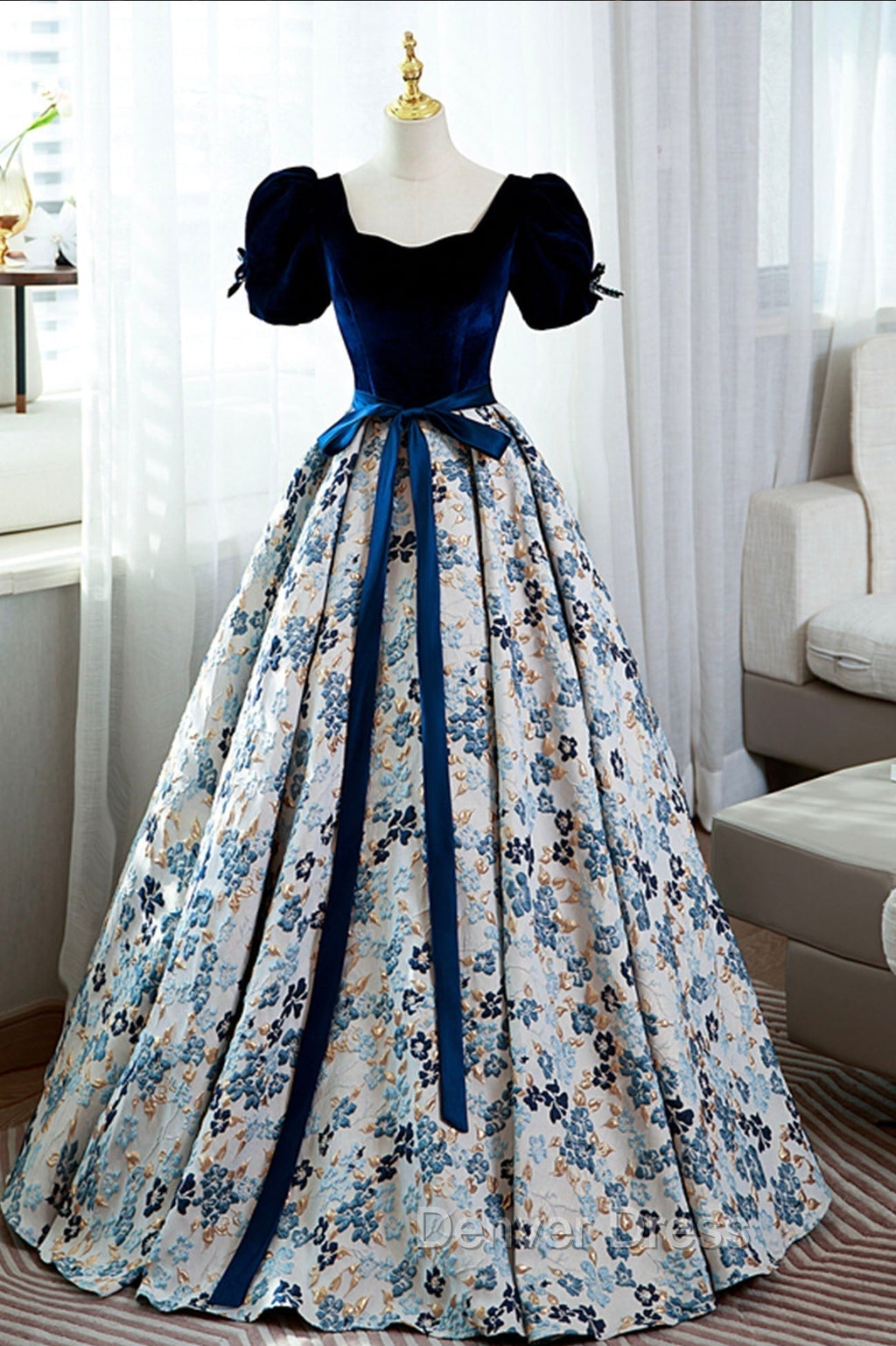 Blue Velvet Floral Long Ball Gowns, A Line Short Sleeve Prom Dresses