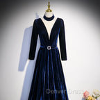 Blue Velvet Long Sleeves Floor Length Wedding Party Dresses, Blue Formal Gown