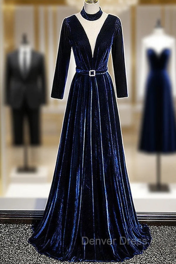 Blue Velvet Long Sleeves Floor Length Wedding Prom Dresses, Blue Prom Gowns