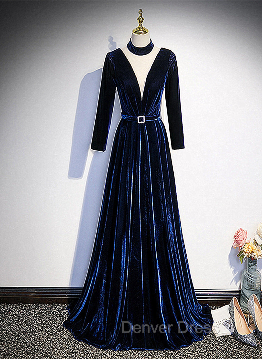 Blue Velvet Long Sleeves Floor Length Wedding Party Dresses, Blue Formal Gown Main image