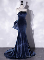 Blue Velvet Mermaid Straps Low Back Prom Dress With Bow, Blue Long Prom Dresses