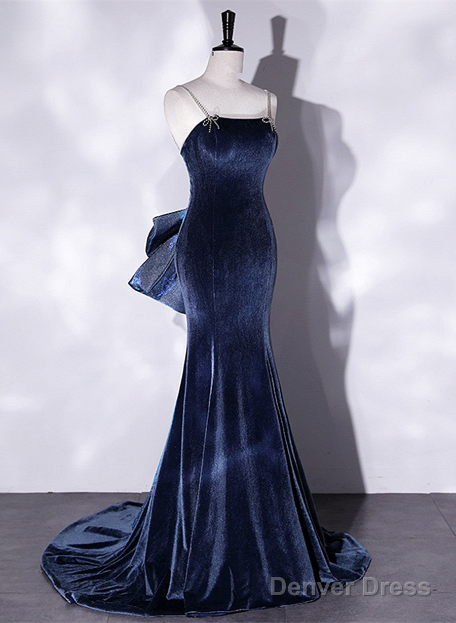 Blue Velvet Mermaid Straps Low Back Prom Dress With Bow, Blue Long Prom Dresses