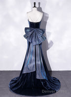 Blue Velvet Mermaid Straps Low Back Prom Dress With Bow, Blue Long Prom Dresses