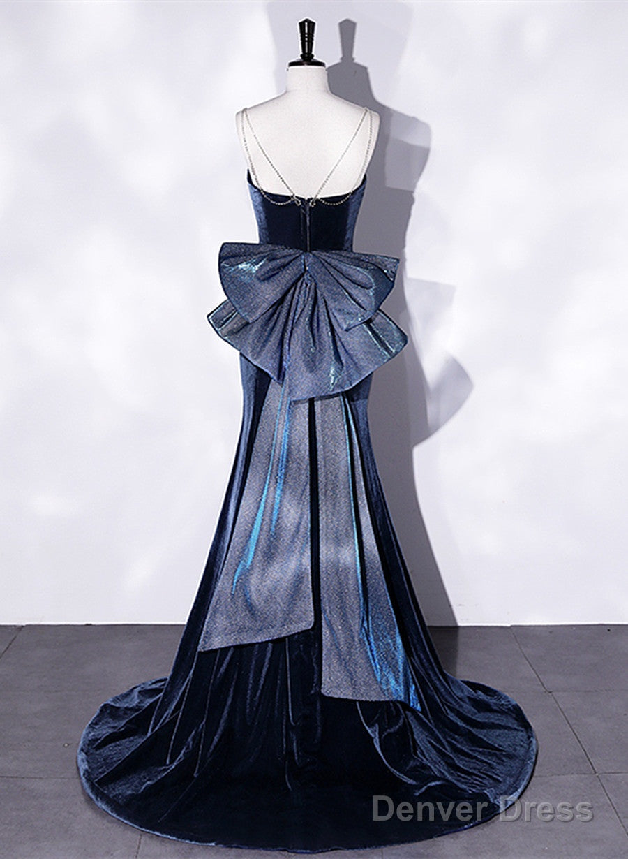 Blue Velvet Mermaid Straps Low Back Prom Dress With Bow, Blue Long Prom Dresses