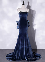 Blue Velvet Mermaid Straps Low Back Prom Dress With Bow, Blue Long Prom Dresses