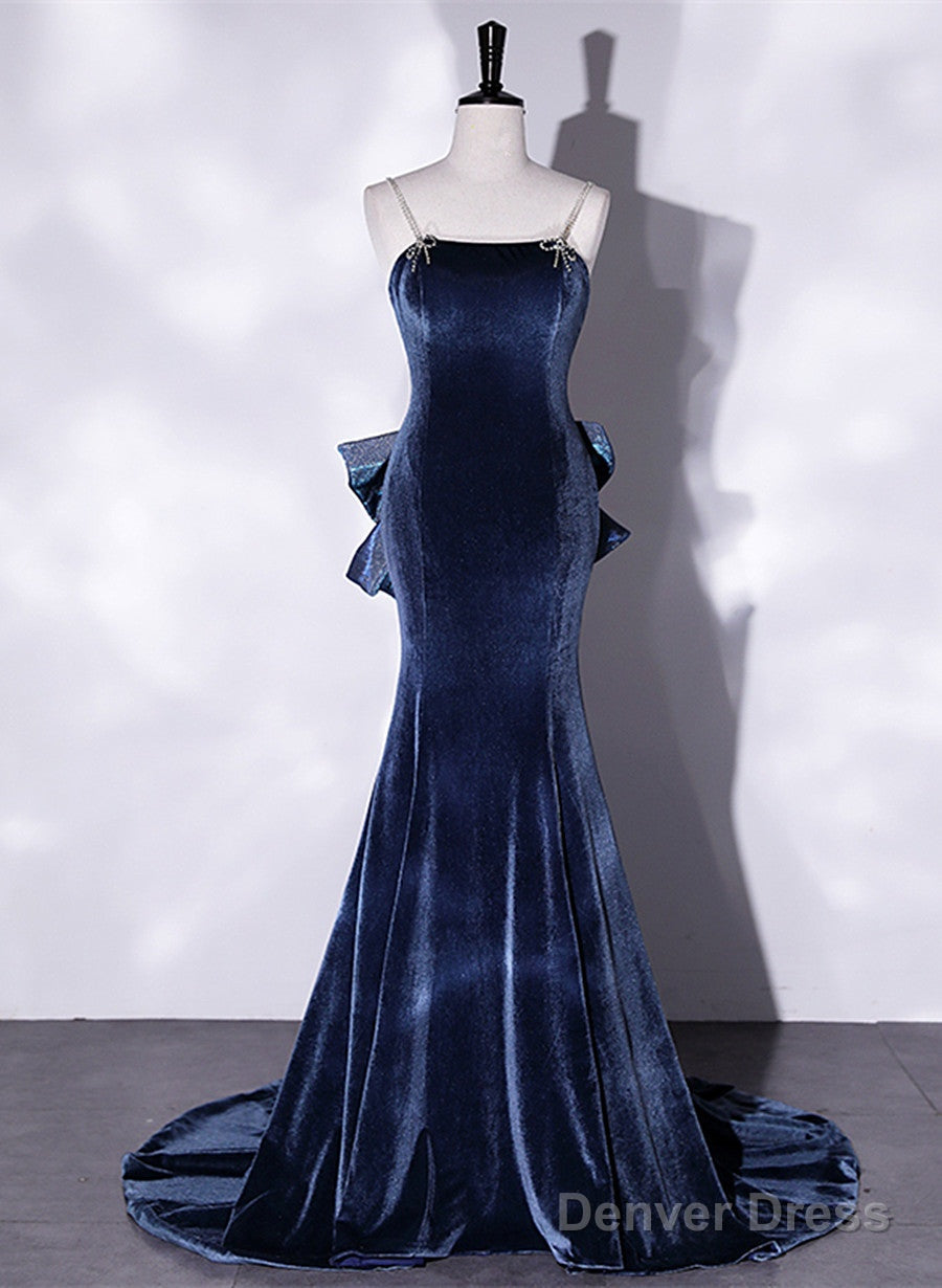 Blue Velvet Mermaid Straps Low Back Prom Dress With Bow, Blue Long Prom Dresses
