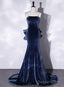 Blue Velvet Mermaid Straps Low Back Prom Dress With Bow, Blue Long Prom Dresses