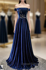 Blue Velvet Off the Shoulder Beading Pleats Prom Dresses