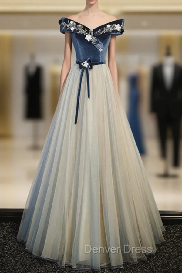 Blue Velvet Off the Shoulder Beading Prom Dresses