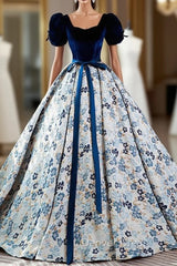 Blue Velvet Puff Sleeve Quinceanera Dresses