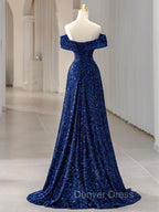 Blue Velvet Sequin Long Prom Dresses, Blue Formal Dresses