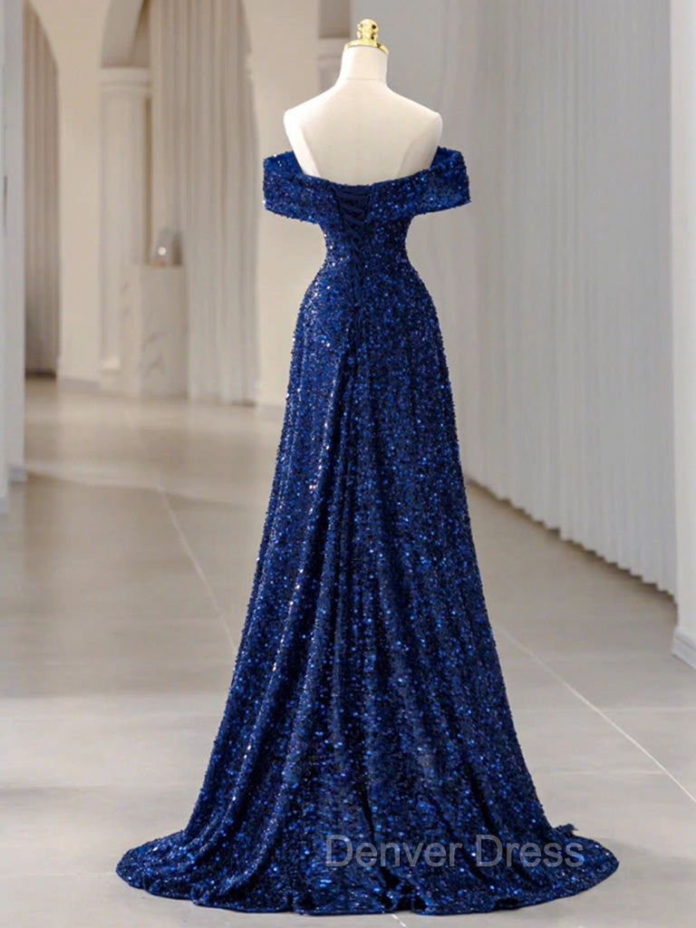 Blue Velvet Sequin Long Prom Dresses, Blue Formal Dresses